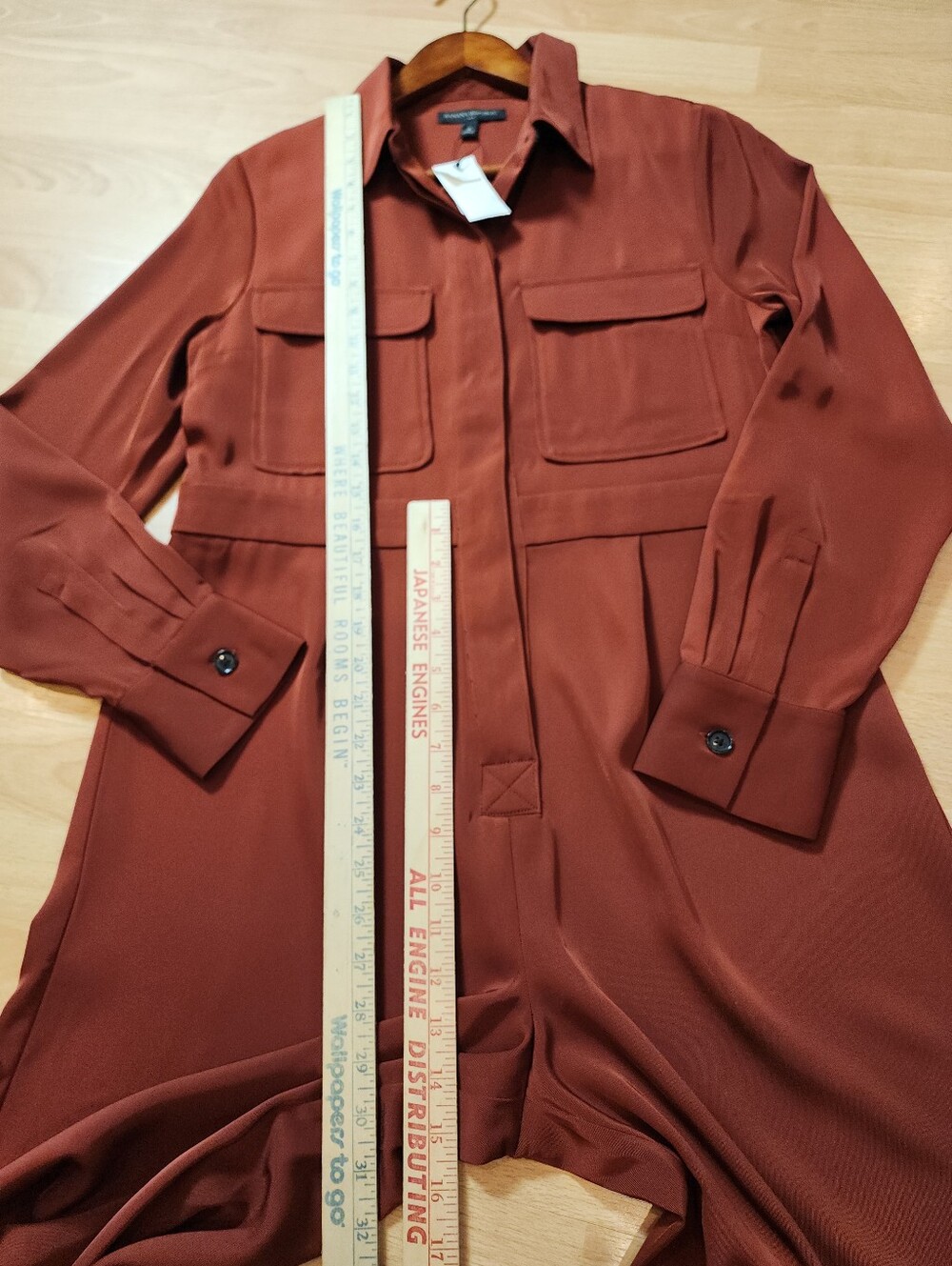 NWT Banana Republic Long Sleeve Wide Leg Trouser Satin Jumpsuit Burnt Caramel 8 - Picture 7 of 16